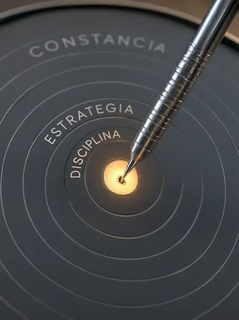 Diana con las palabras constancia, disciplina y estrategia, con un dardo clavado en el centro, representando el resultado de la preparación constante