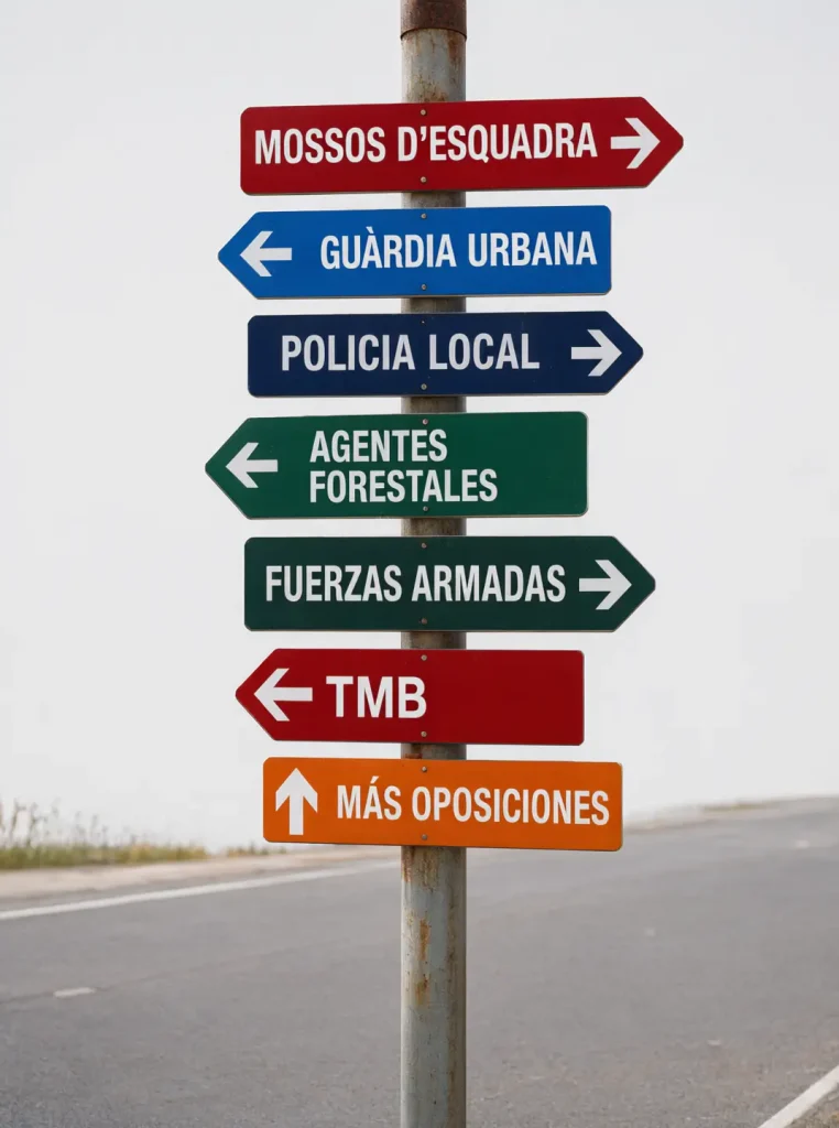 Señal de cruce de caminos con las direcciones hacia Mossos d'Esquadra, Guàrdia Urbana, Policía Local, Agentes Forestales y Fuerzas Armadas