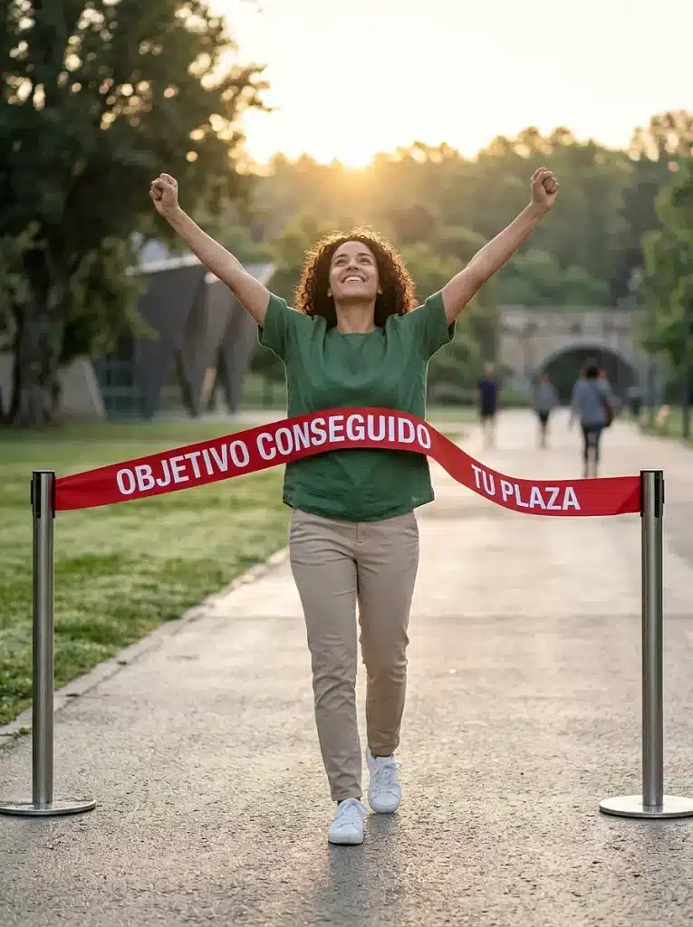 Mujer cruzando una cinta de meta con el mensaje 'plaza conseguida', simbolizando el éxito en la oposición