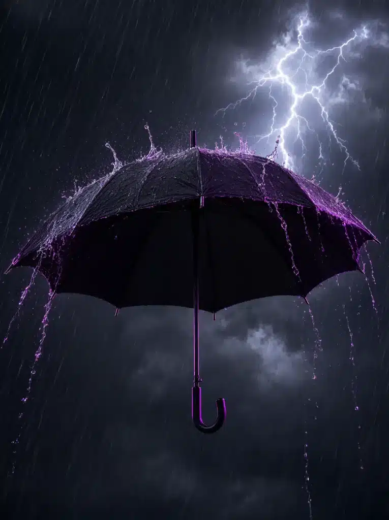Paraguas abriéndose justo cuando empiezan a caer las primeras gotas de lluvia, con el cielo cambiando de despejado a tormenta, simbolizando estar preparado ante un cambio repentino