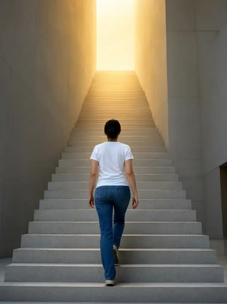 Joven de espaldas subiendo una escalera hacia un punto iluminado, simbolizando el progreso en la preparación