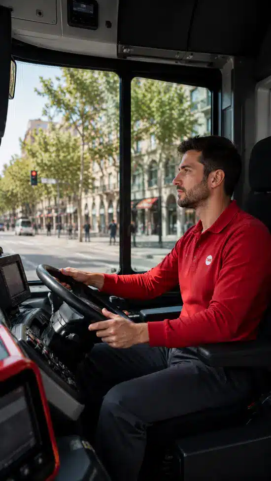 Conductor de autobús TMB al volante durante su jornada de trabajo