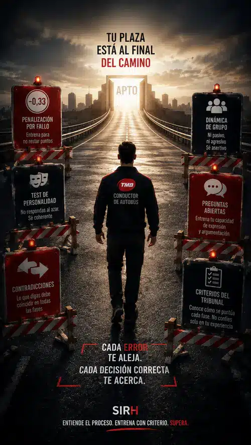 Candidato a conductor de autobús de TMB avanzando por un camino lleno de obstáculos que representan los errores más comunes del proceso de selección hasta una salida iluminada.