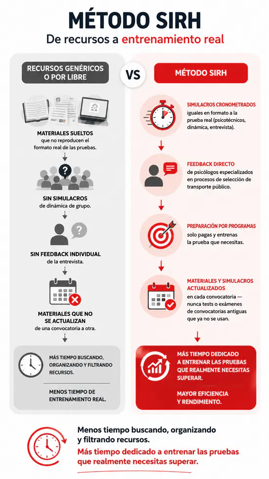 Gráfico comparativo minimalista entre preparación genérica gratuita y Método SIRH para Conductor de Autobús TMB