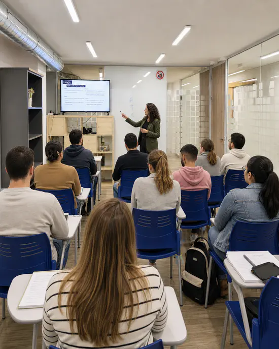 Los alumnos siguen las explicaciones de la profesora en el aula y trabajan los contenidos necesarios para afrontar las diferentes fases de las pruebas de selección en una sesión de formación presencial orientada a la preparación del proceso selectivo para conductor/a de autobús de Transportes Metropolitanos de Barcelona (TMB).