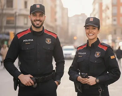 Pareja de agentes Mossos d'Esquadra sonriendo, representando el éxito de los alumnos preparados en la Academia SIRH de Barcelona.